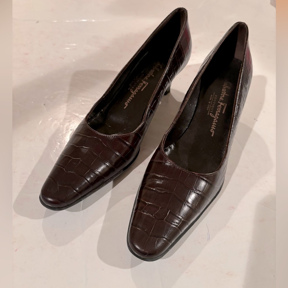 Salvatore Ferragamo Dark Brown Embossed Heels